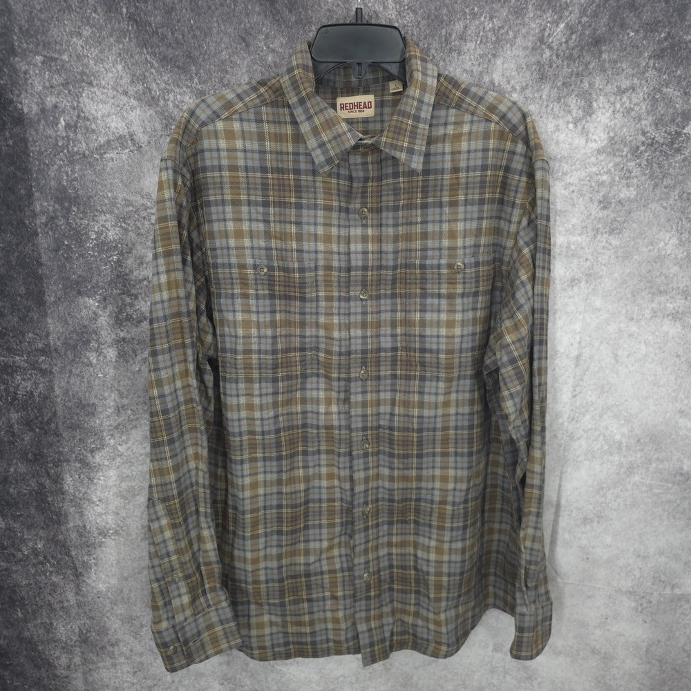 Red Head Flannel Shirt Mens Large Plaid Button Up Long Sleeve Heavyweight Cotton
